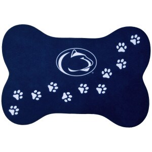 navy bone-shaped pet placemat with Penn State Athletic Logo and paw prints